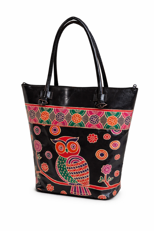 Black Owl Motif Leather Shoulder Bag — Large