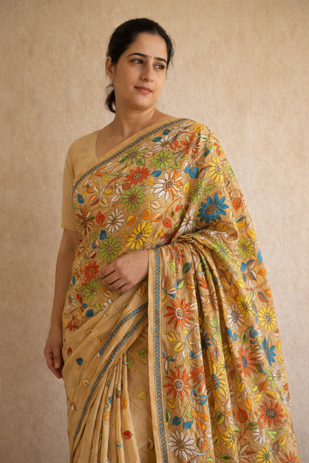 Beige Kantha Bishnupur Silk Saree
