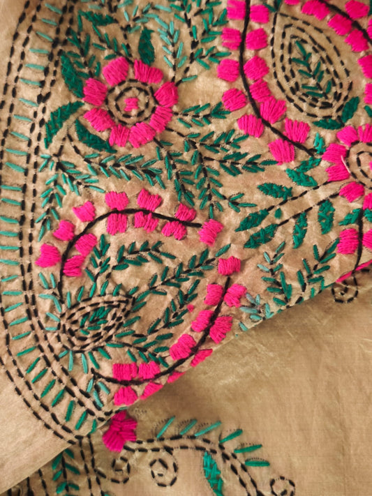 Beige Block Print Kantha Chanderi Cotton Saree