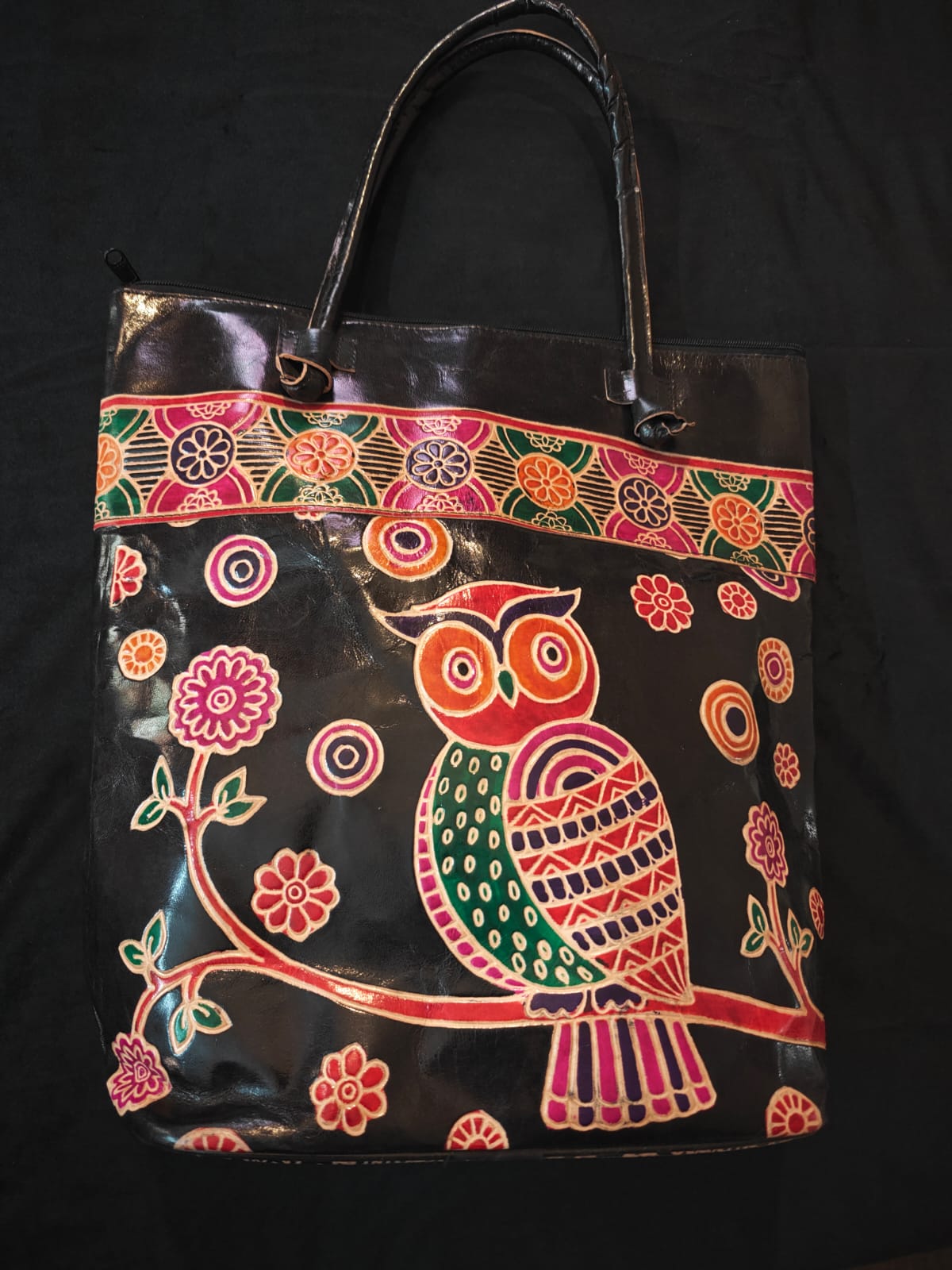 Black Owl Motif Leather Shoulder Bag — Large