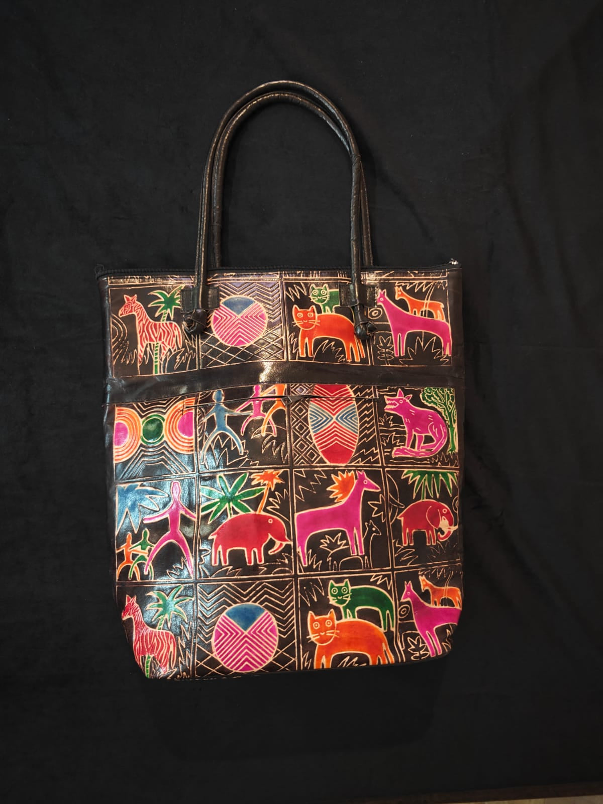 Black Animal Motif Leather Shoulder Bag — Large