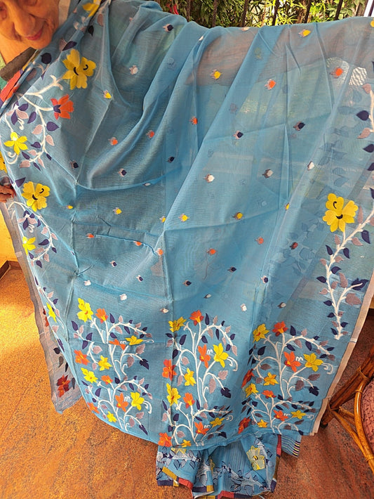 Blue Bonolota Jamdani Cotton Saree