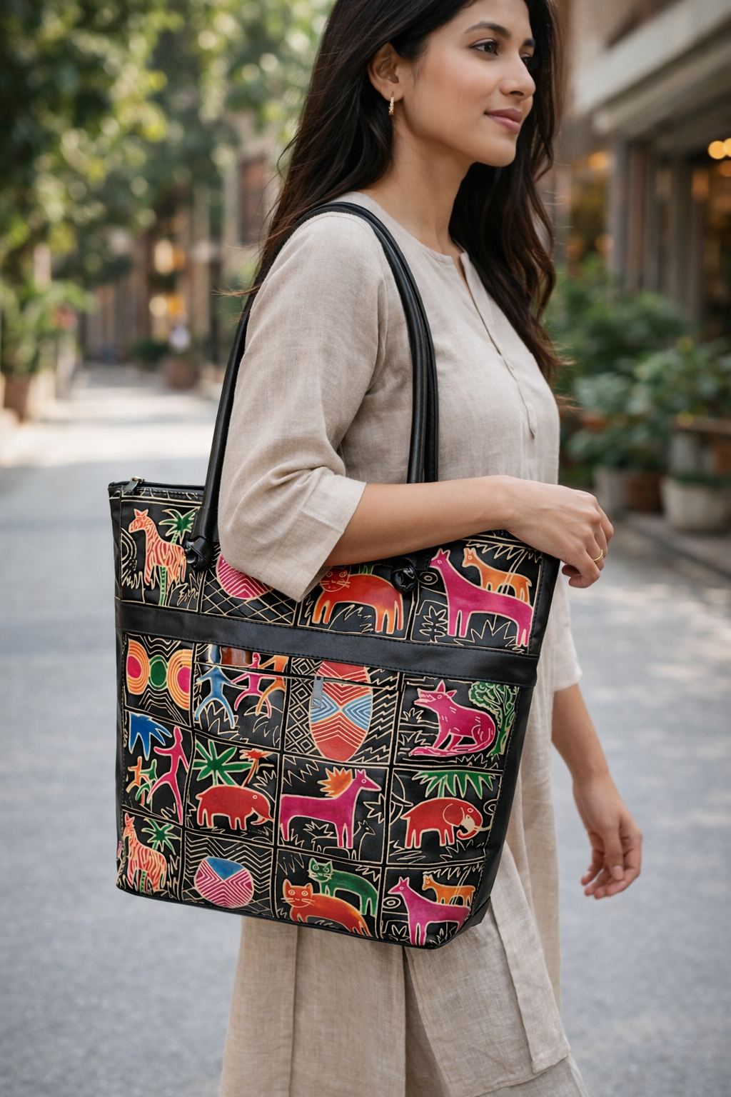 Black Animal Motif Leather Shoulder Bag — Large