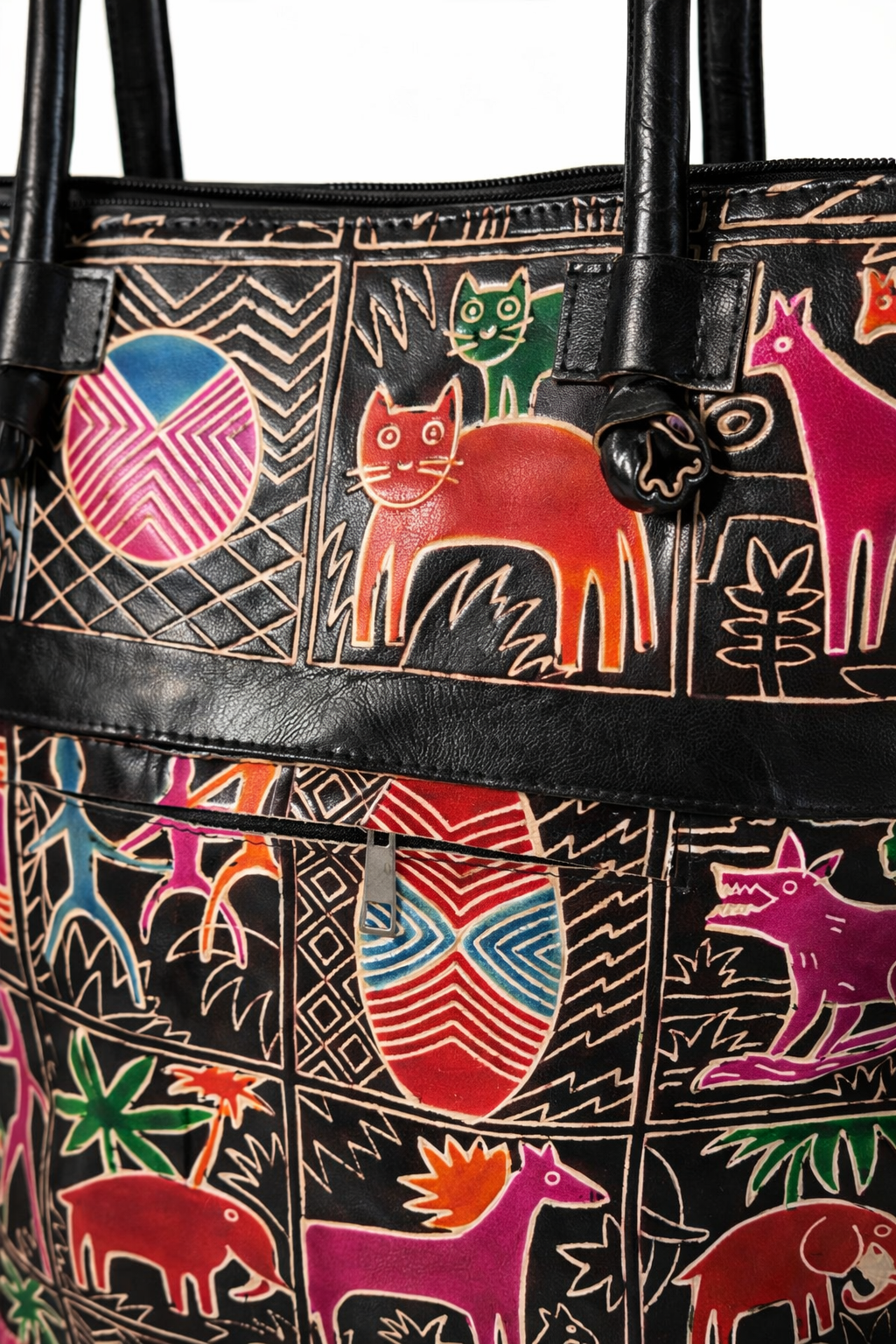 Black Animal Motif Leather Shoulder Bag — Large
