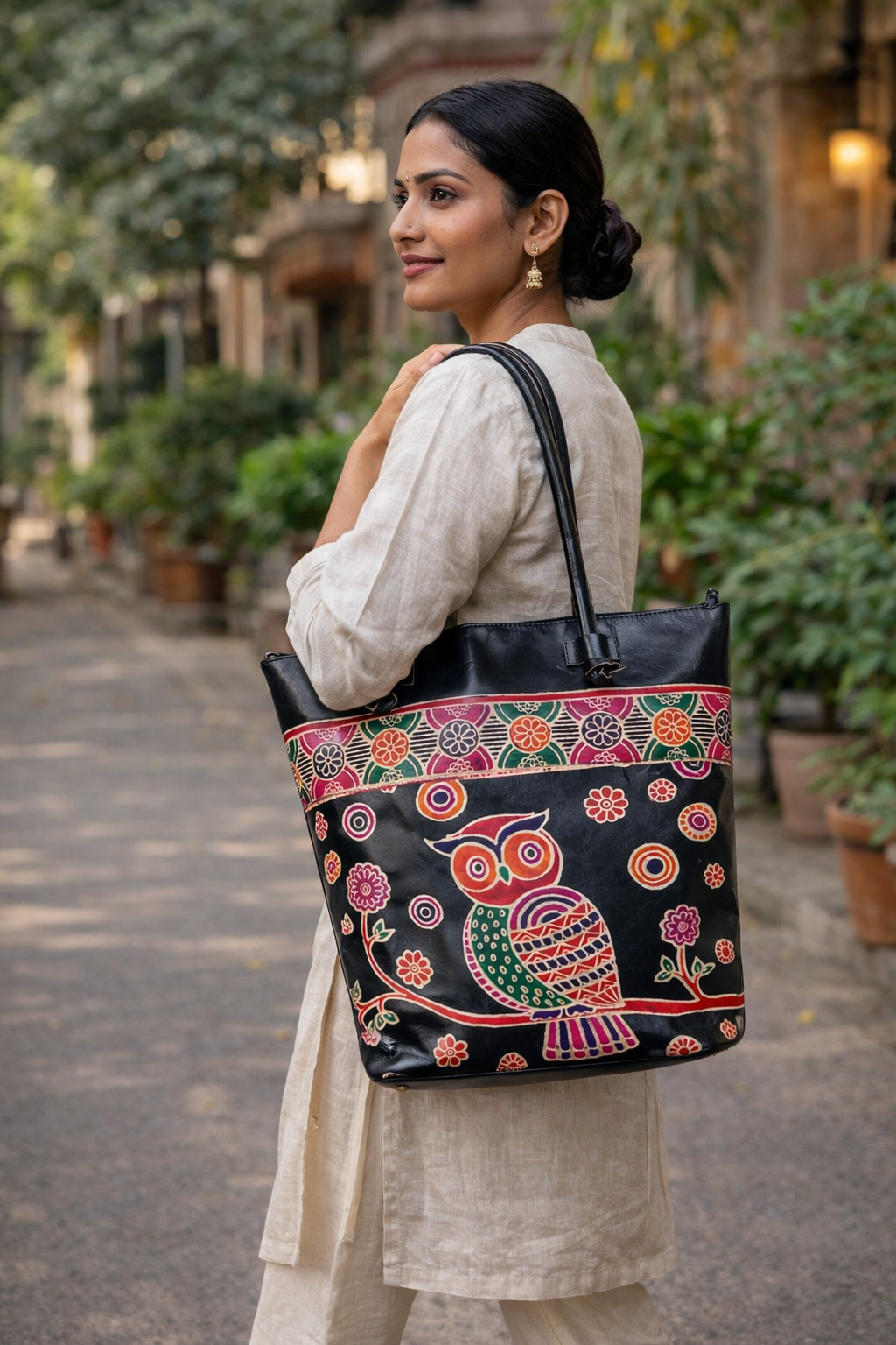 Black Owl Motif Leather Shoulder Bag — Large