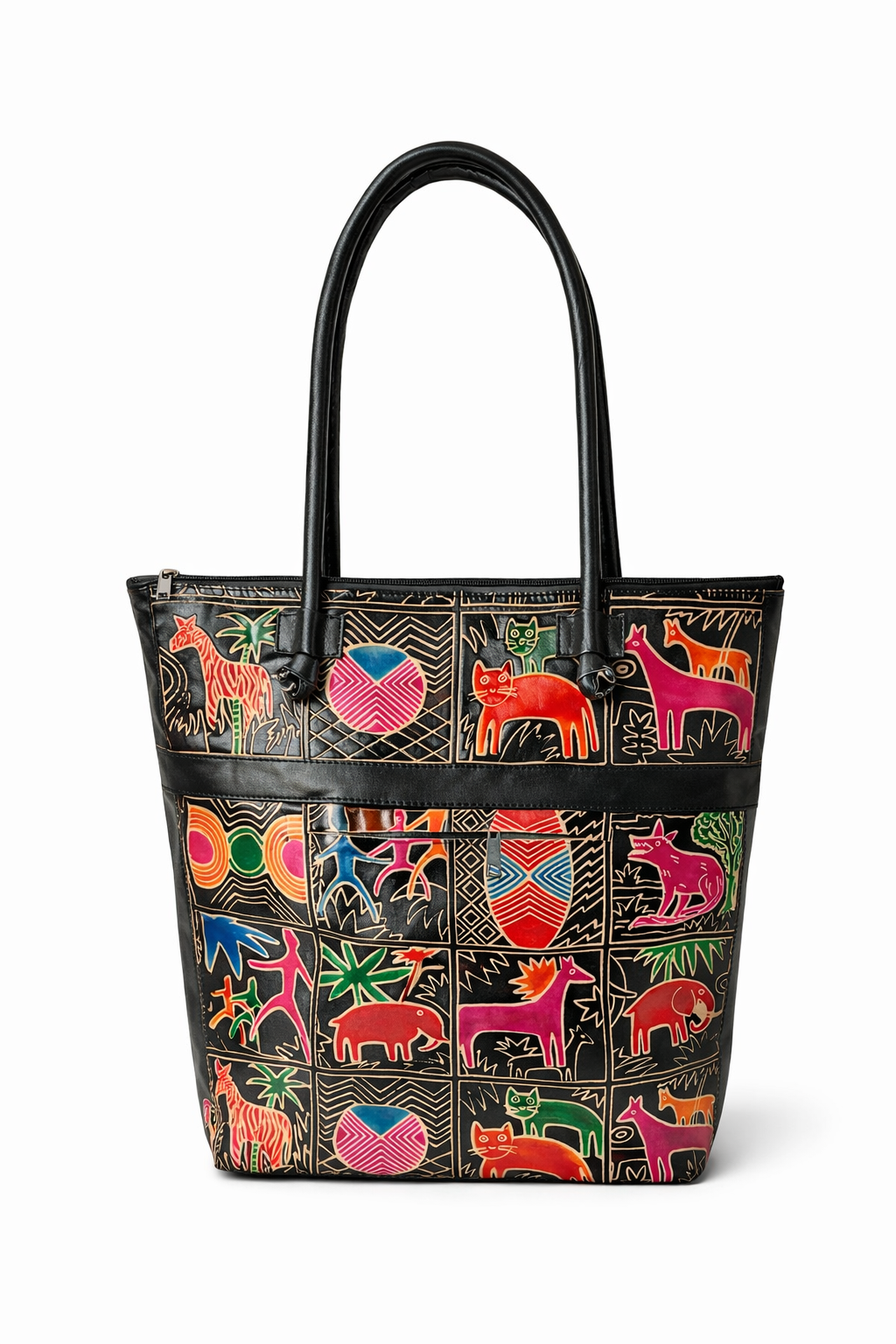 Black Animal Motif Leather Shoulder Bag — Large