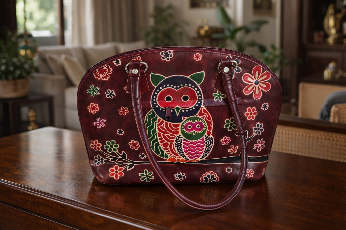 Maroon Owl Motif Leather Shoulder Bag — Small