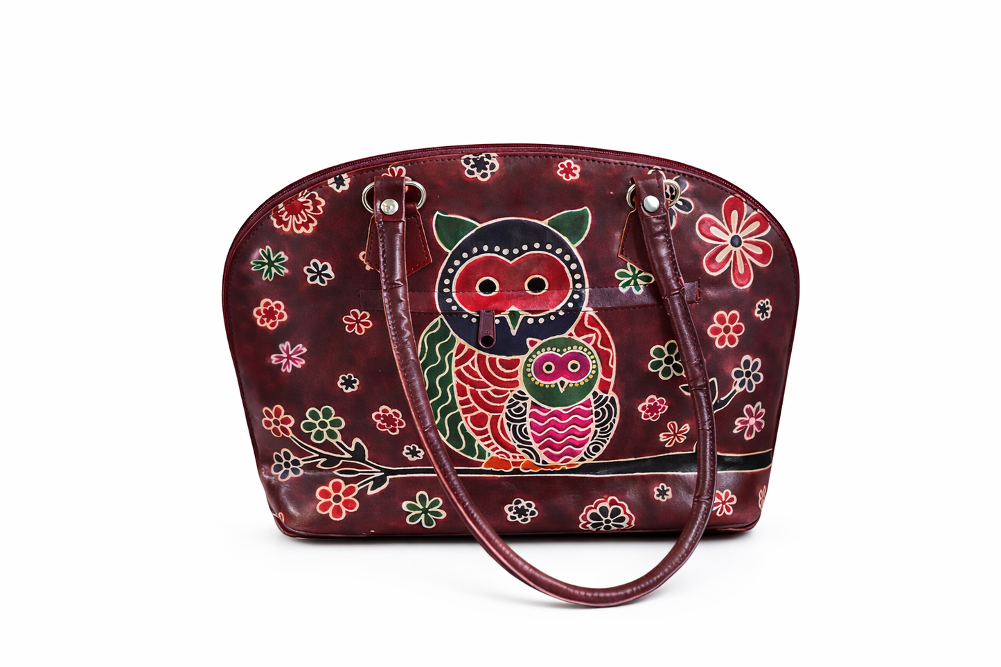 Maroon Owl Motif Leather Shoulder Bag — Small