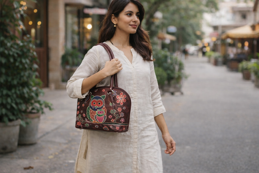Maroon Owl Motif Leather Shoulder Bag — Small