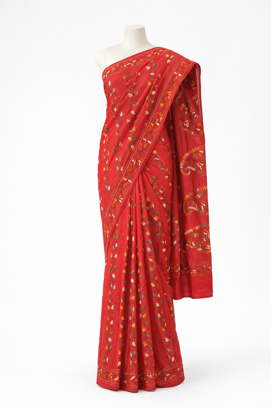 Red Kantha Bishnupur Silk Saree