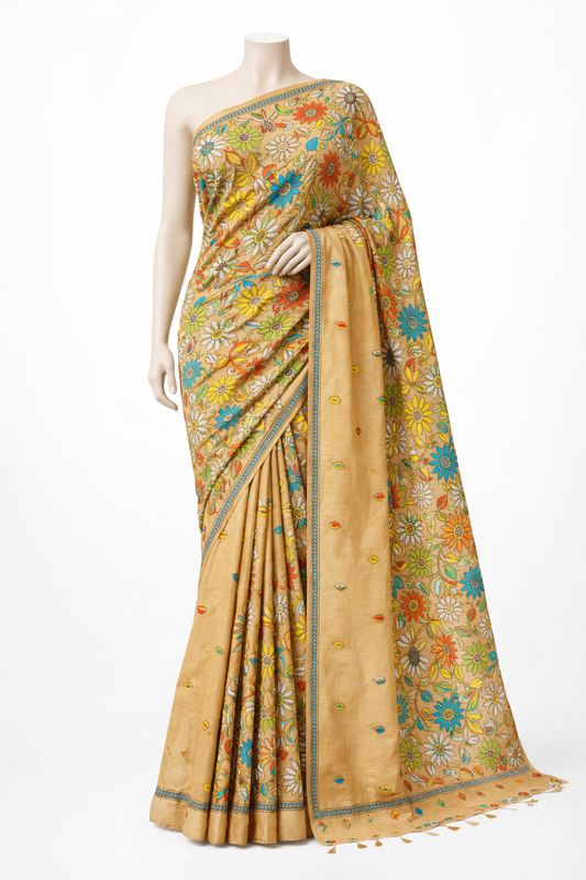 Beige Kantha Bishnupur Silk Saree