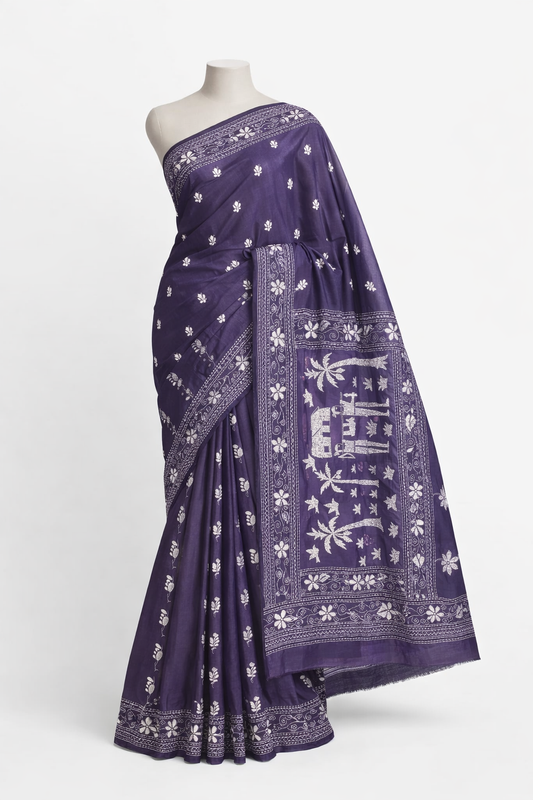 Purple Kantha Murshidabad Silk Saree