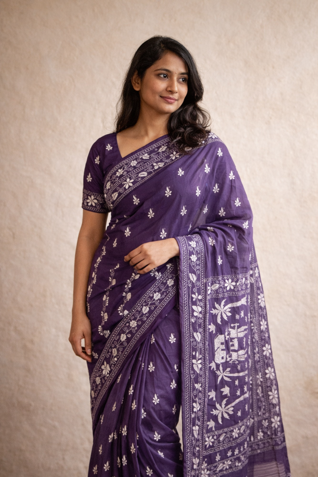 Purple Kantha Murshidabad Silk Saree