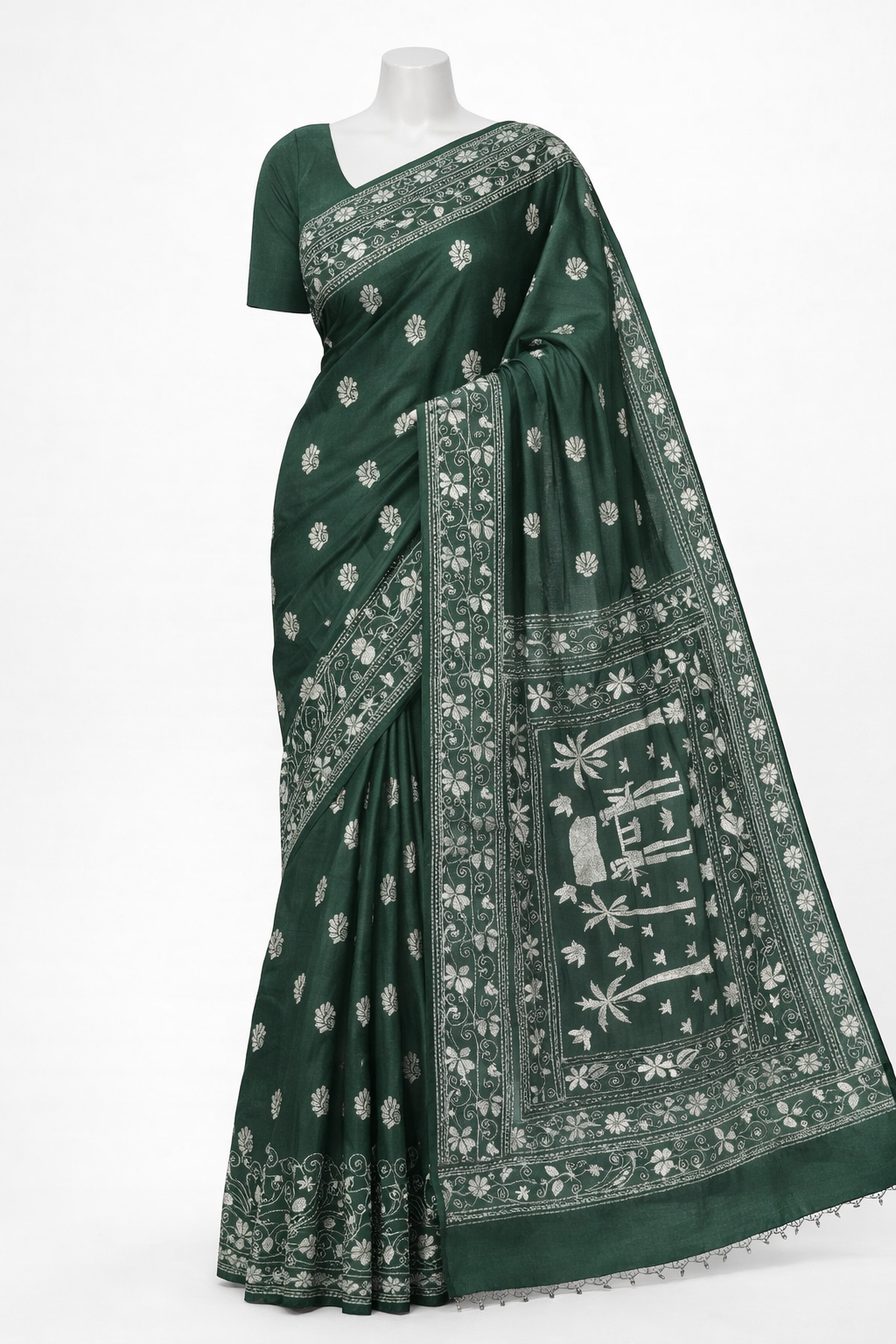 Bottle Green Kantha Murshidabad Silk Saree