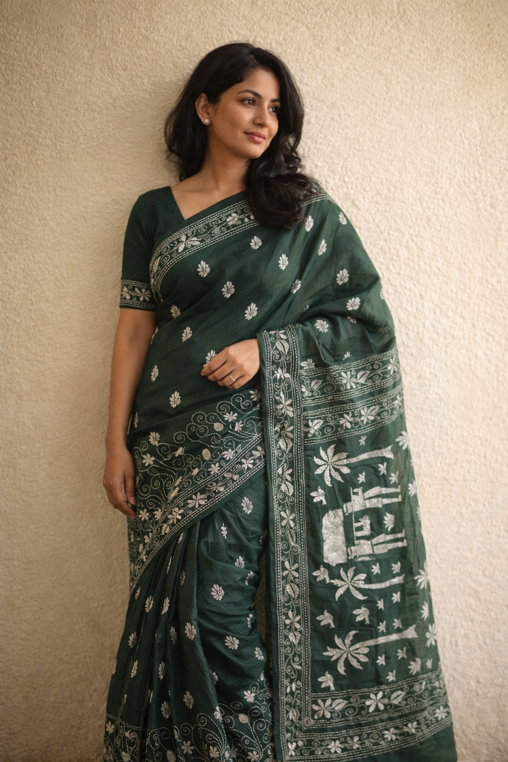 Bottle Green Kantha Murshidabad Silk Saree