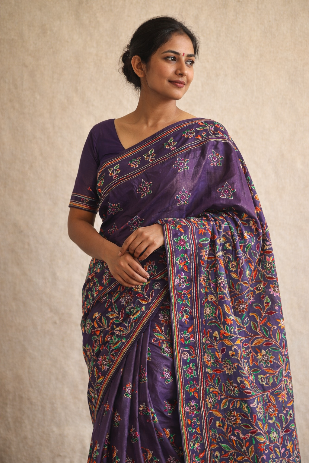 Purple Kantha Bishnupur Silk Saree