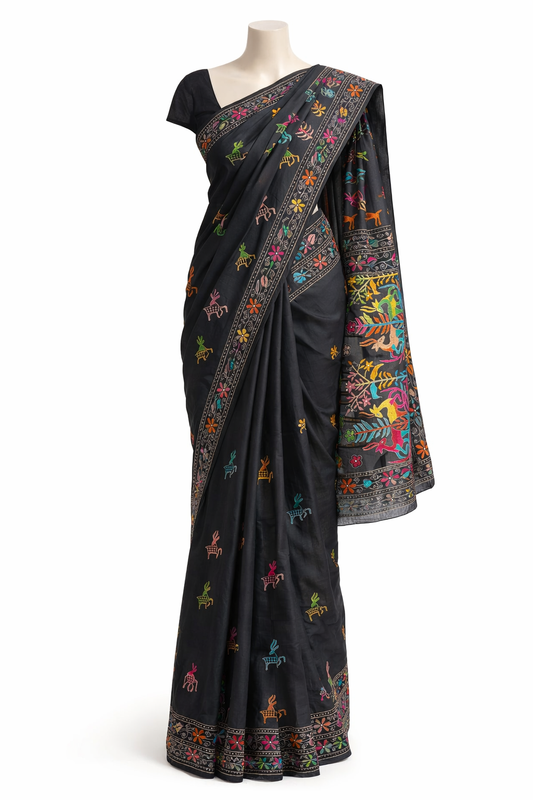 Black Kantha Murshidabad Silk Saree