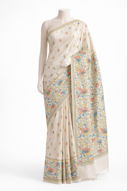 Off-White All-Over Kantha Bishnupur Silk Saree