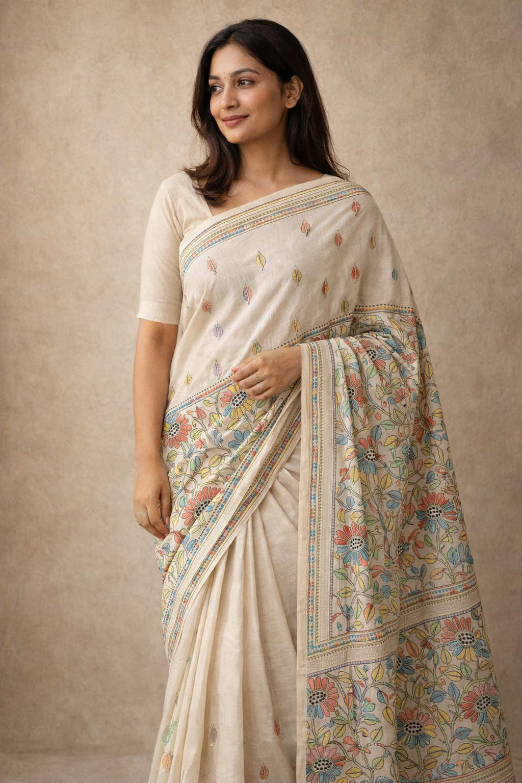 Off-White All-Over Kantha Bishnupur Silk Saree