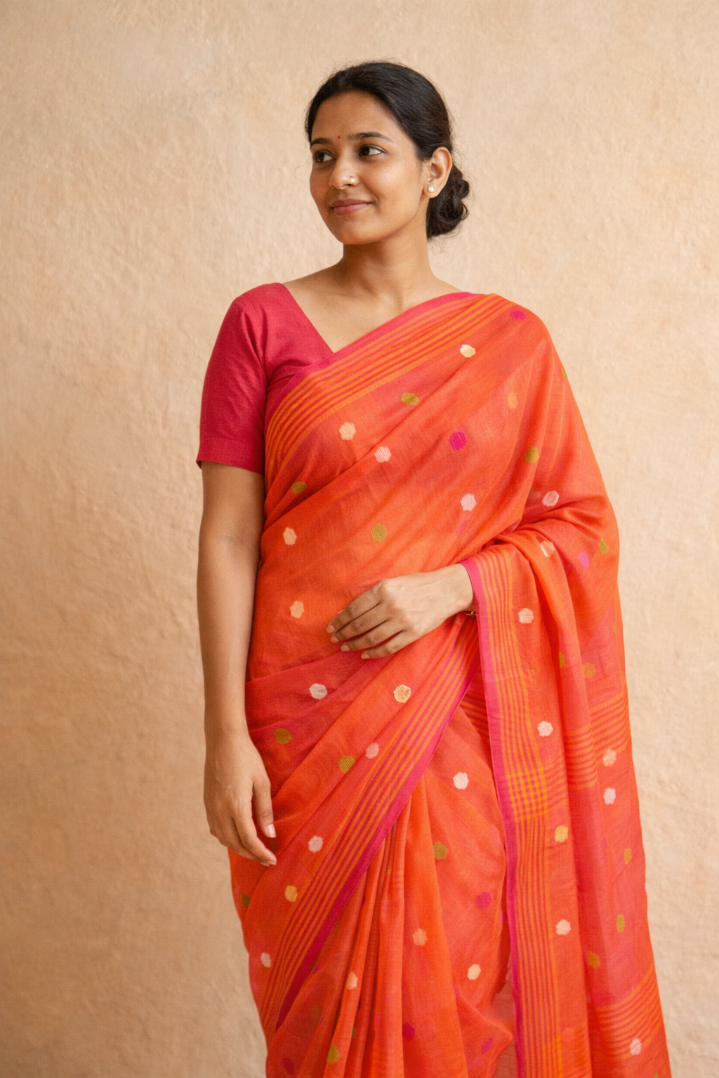 Orange Pure Khadi Saree