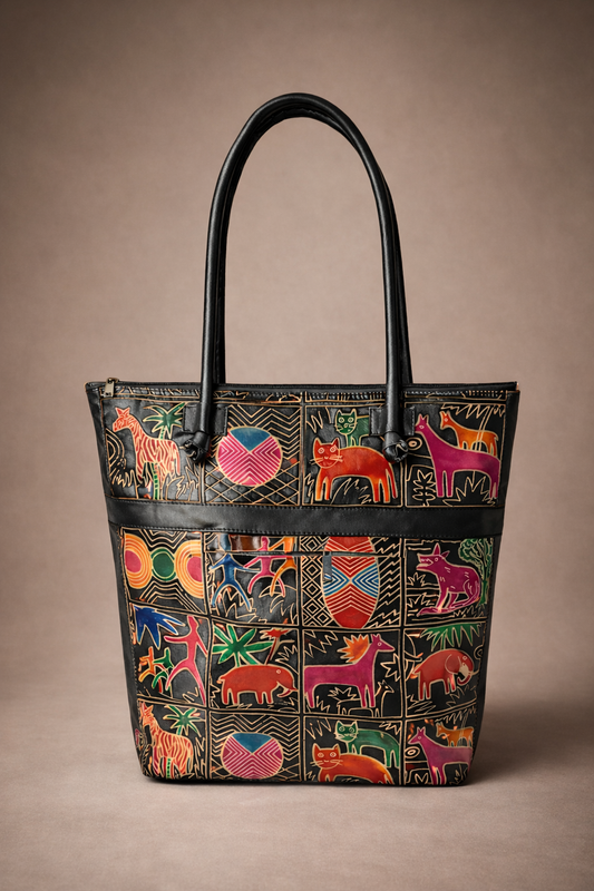 Black Animal Motif Leather Shoulder Bag — Large