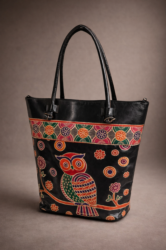 Black Owl Motif Leather Shoulder Bag — Large