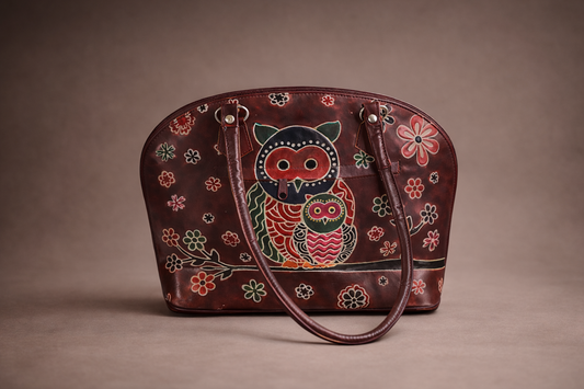Maroon Owl Motif Leather Shoulder Bag — Small