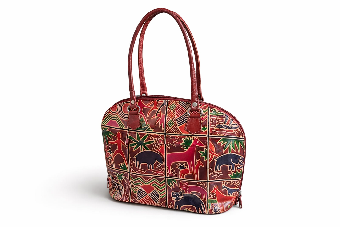 Maroon Animal Motif Leather Shoulder Bag — Small