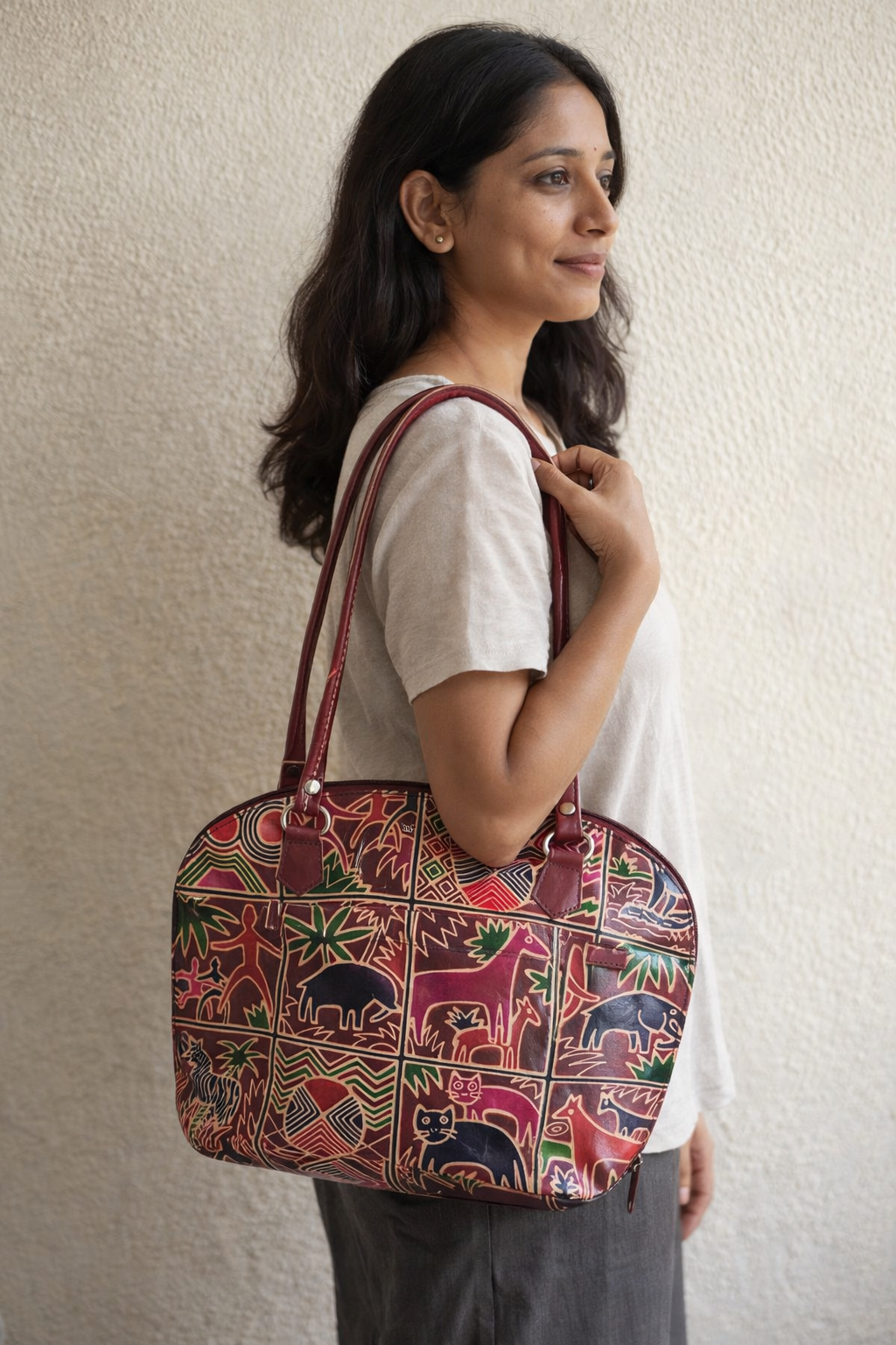 Maroon Animal Motif Leather Shoulder Bag — Small