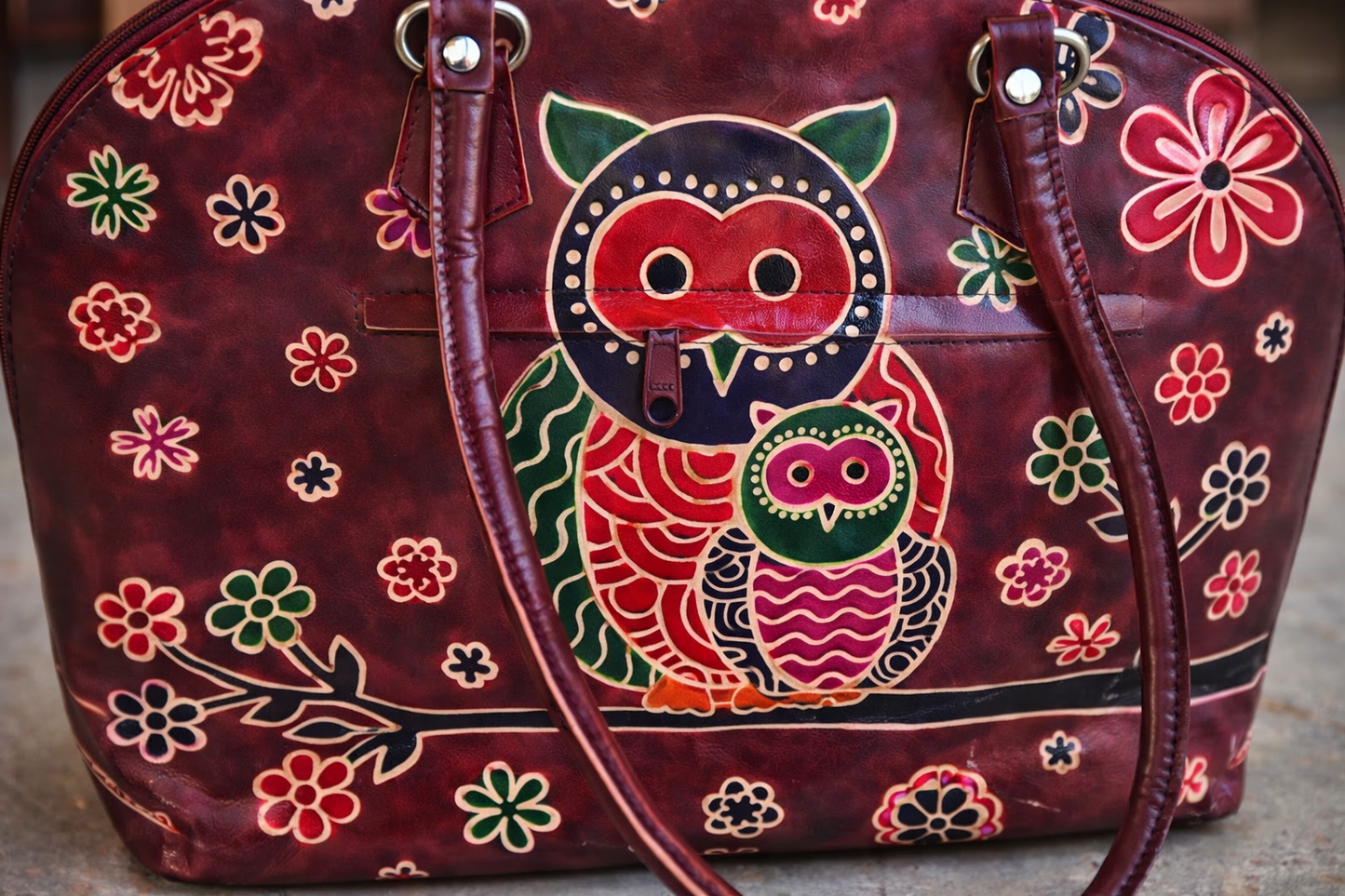 Maroon Owl Motif Leather Shoulder Bag — Small