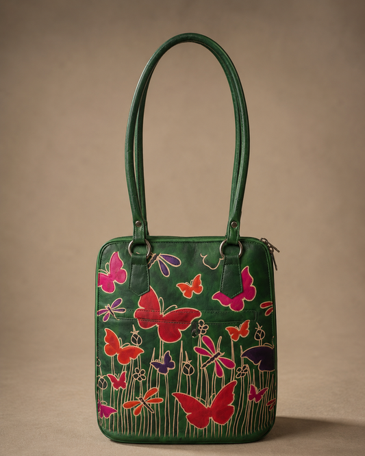 Green Butterfly Motif Leather Shoulder Bag — Medium