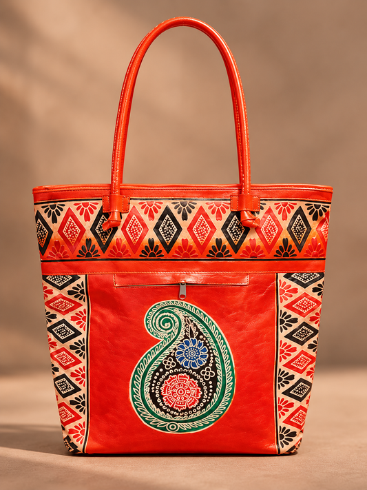 Orange Booti and Ambi Motif Leather Shoulder Bag — Large