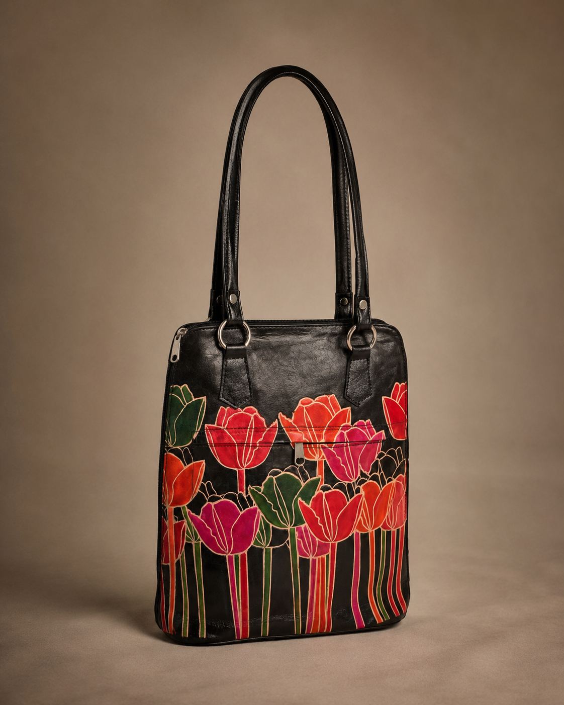 Black Tulip Motif Leather Shoulder Bag — Medium