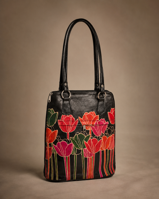Black Tulip Motif Leather Shoulder Bag — Medium