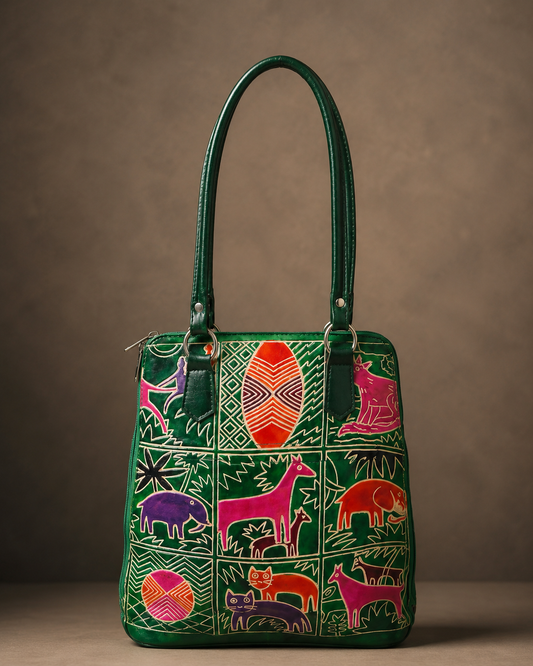 Green Animal Motif Leather Shoulder Bag — Medium