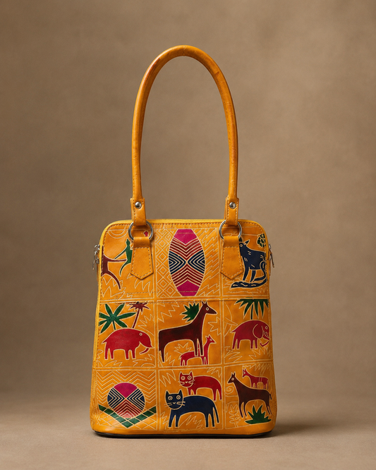 Yellow Animal Motif Leather Shoulder Bag — Medium
