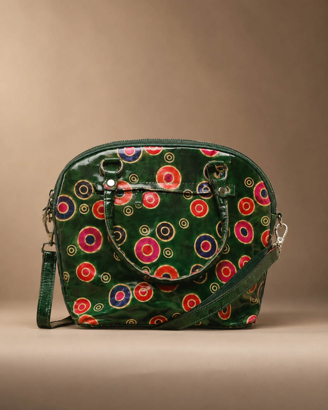 Green Polka Dot Motif Leather Sling Bag — Small