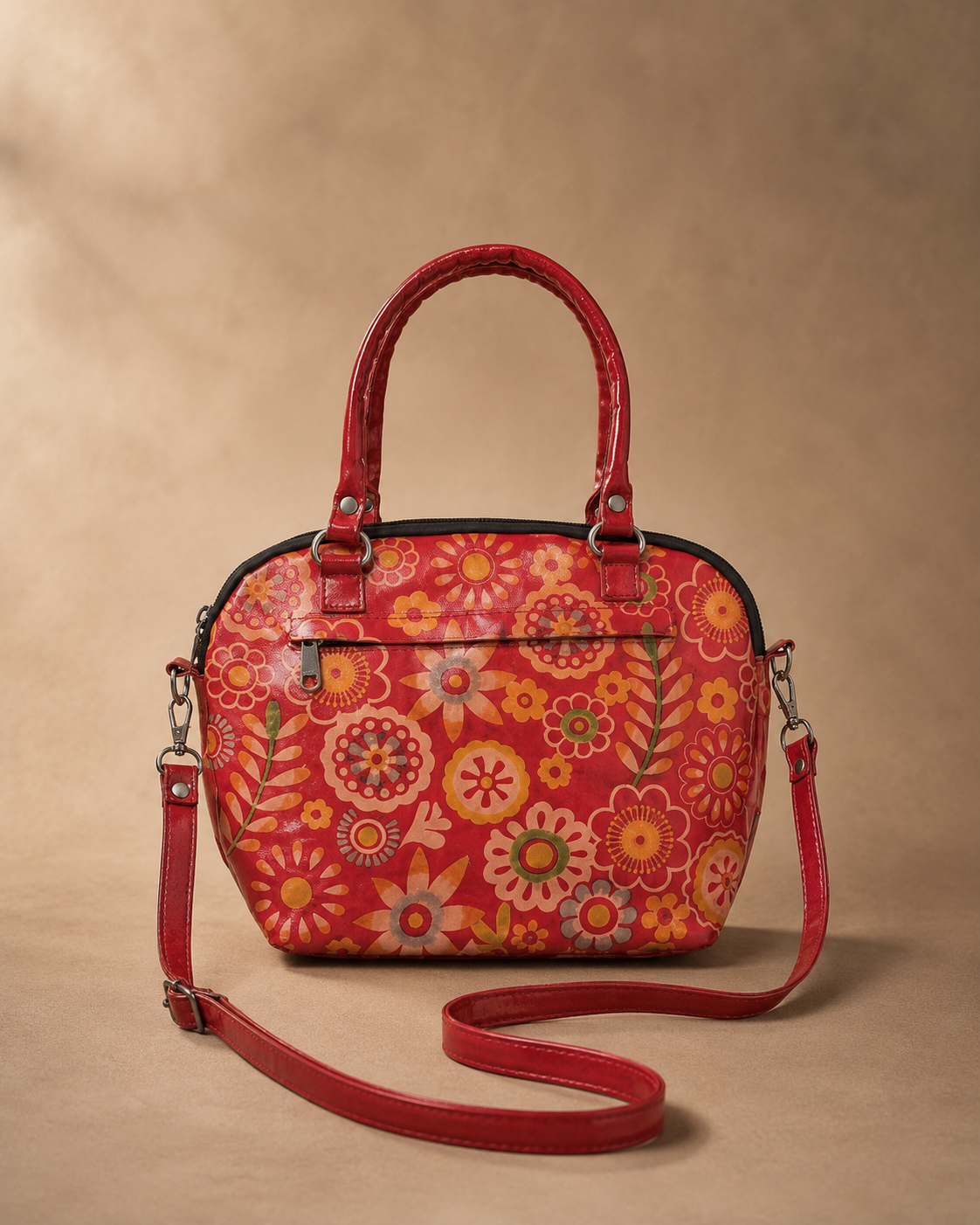 Red Floral Motif Leather Sling Bag — Small