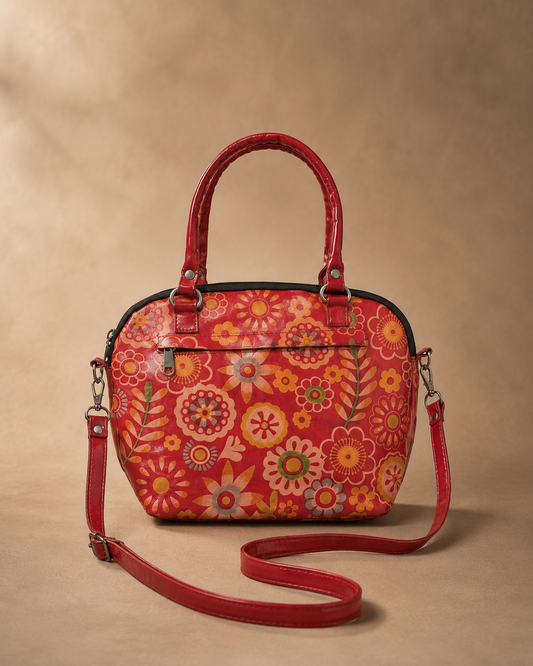 Red Floral Motif Leather Sling Bag — Small