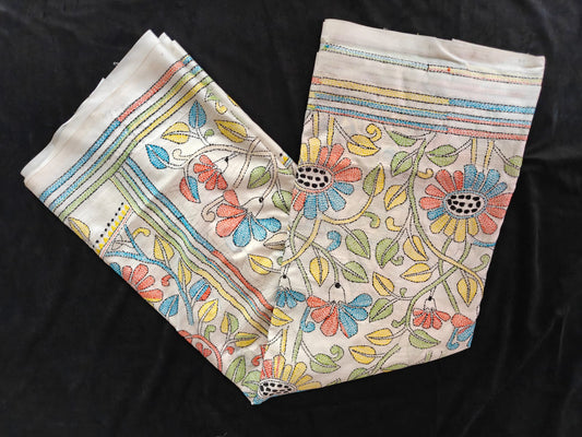 Off-White All-Over Kantha Bishnupur Silk Saree