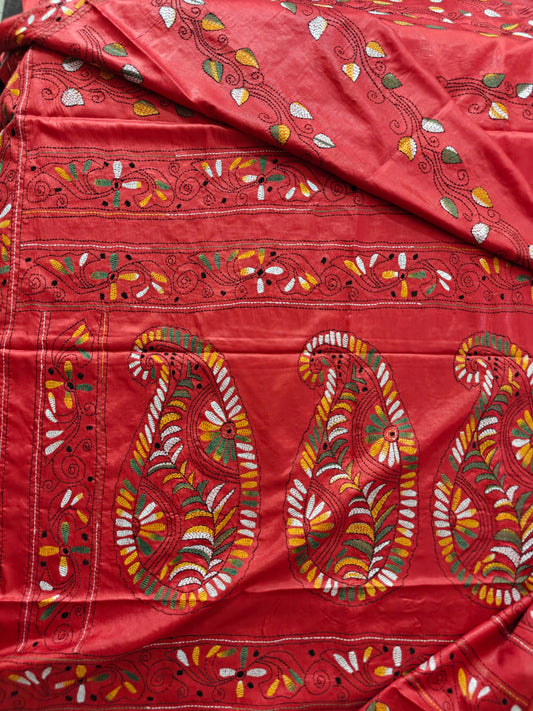 Red Kantha Bishnupur Silk Saree