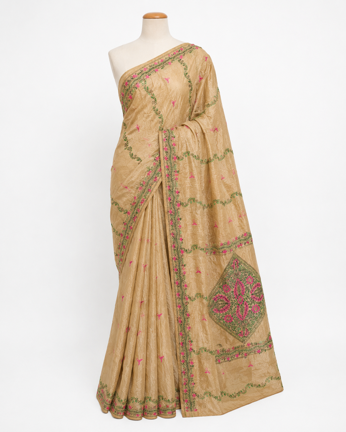 Beige Block Print Kantha Chanderi Cotton Saree