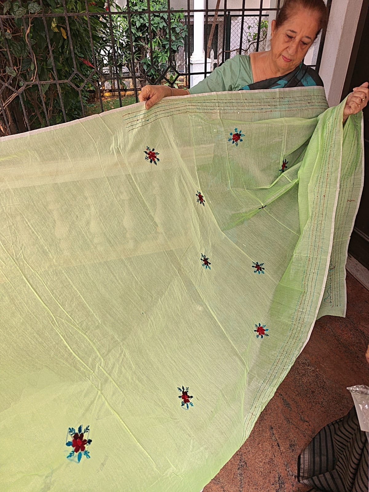 Pista Green Chanderi Cotton Saree with Bullion Knot and Sequin Work