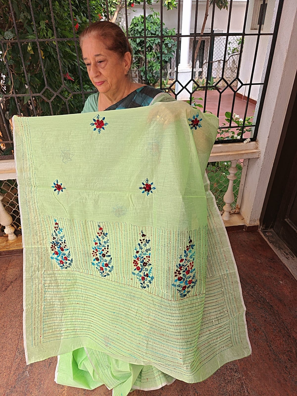 Pista Green Chanderi Cotton Saree with Bullion Knot and Sequin Work