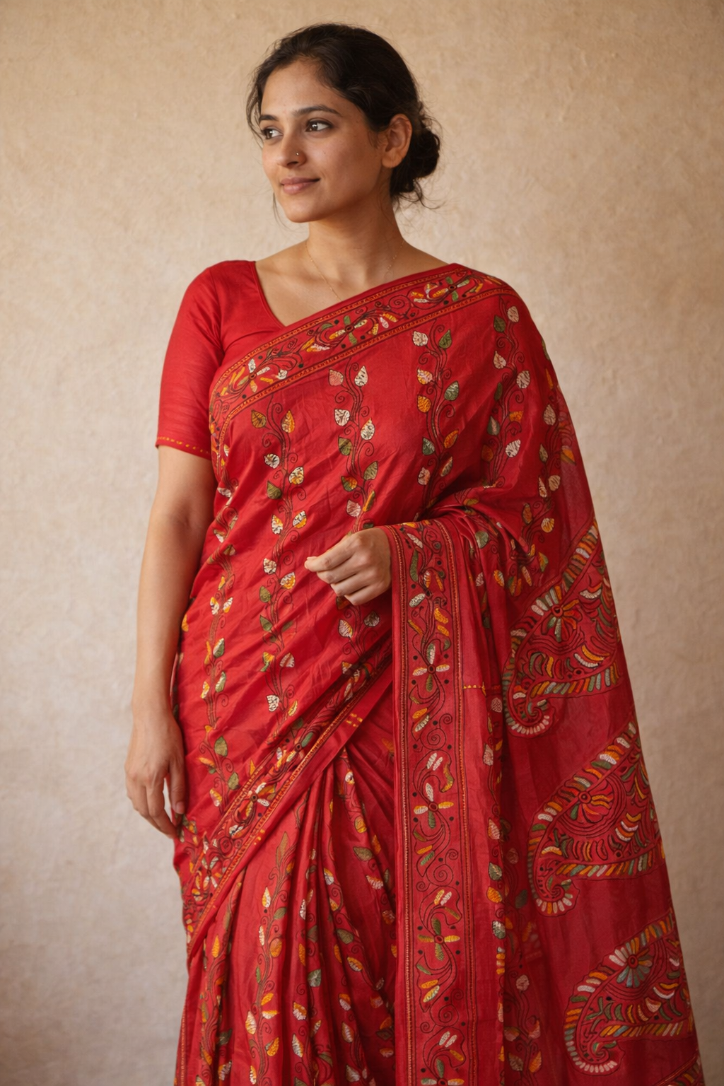 Kantha Stitch Red Saree