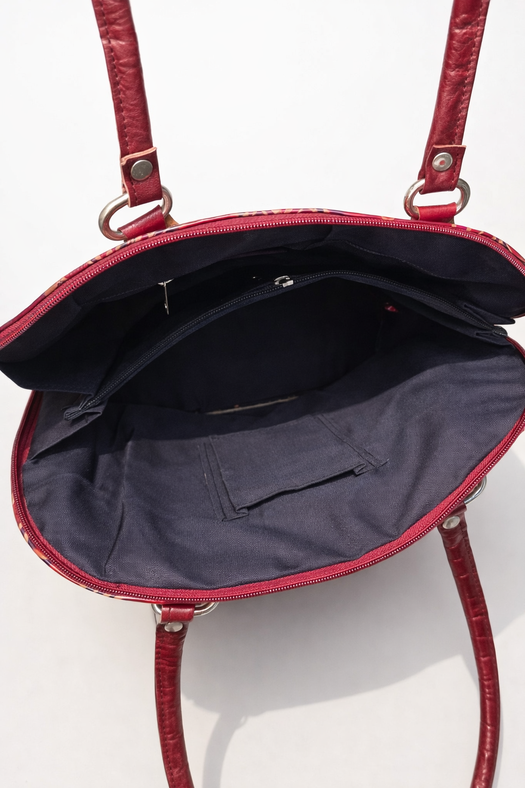 Maroon Owl Motif Leather Shoulder Bag — Small