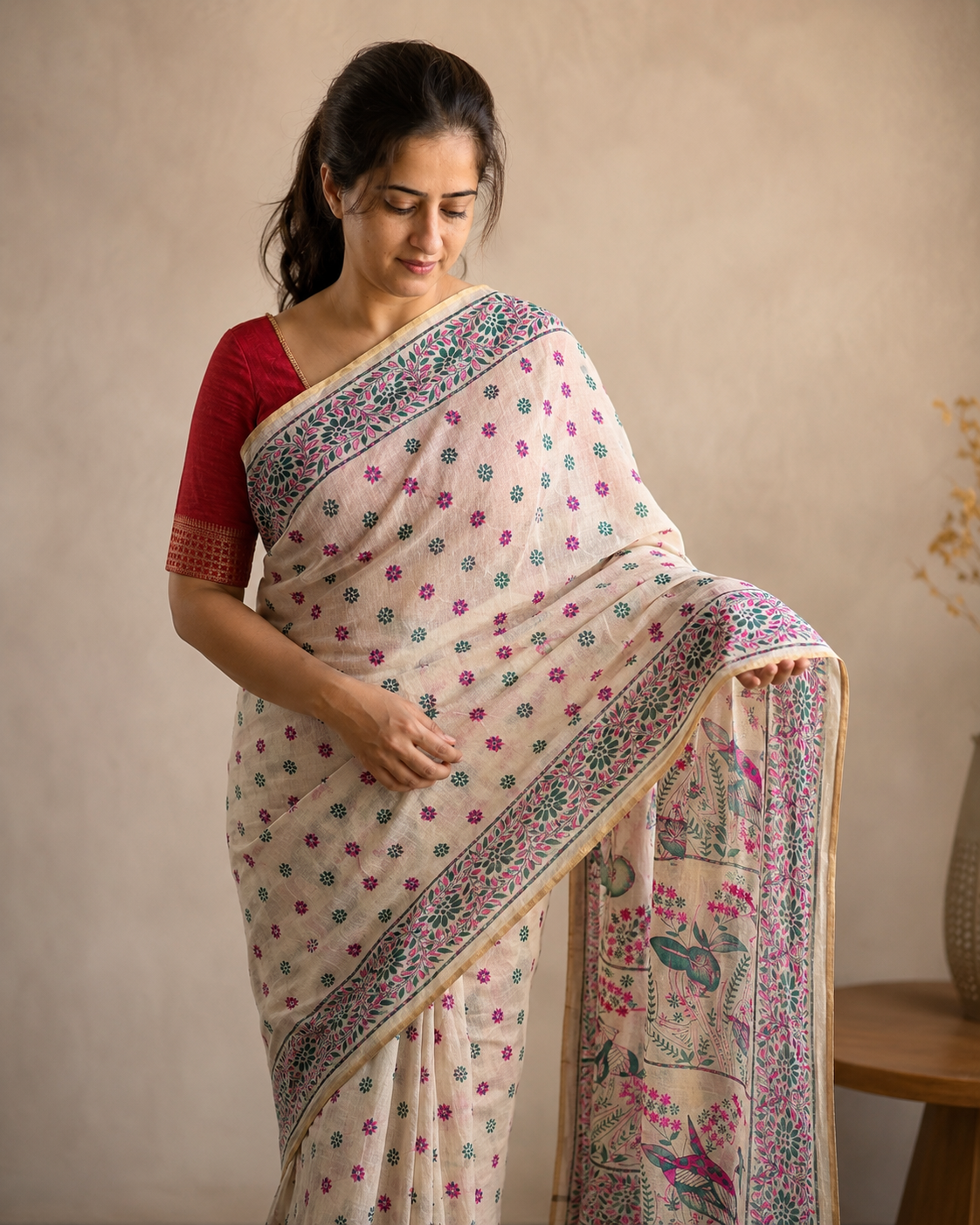 White Chanderi saree with green and pink work, styled