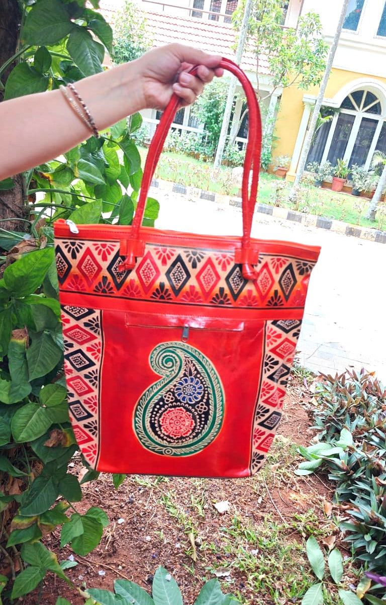 Orange Booti and Ambi Motif Leather Shoulder Bag — Large