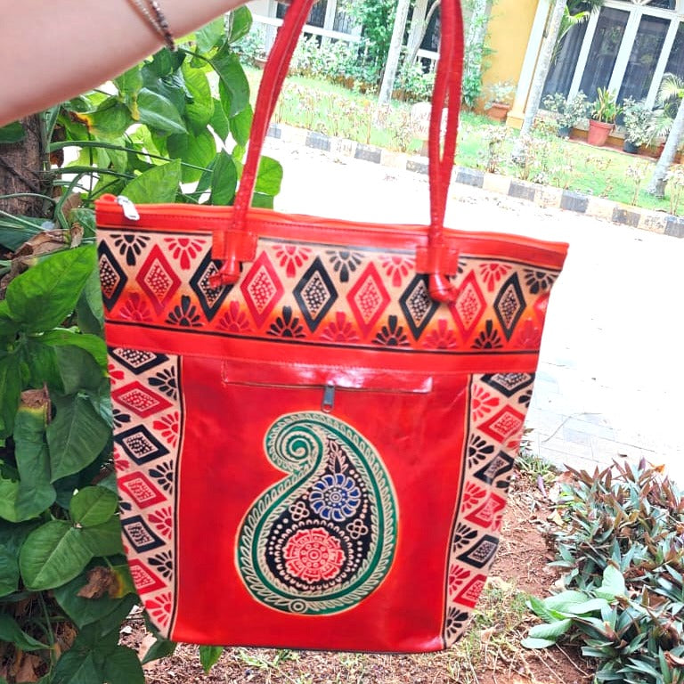 Orange Booti and Ambi Motif Leather Shoulder Bag — Large