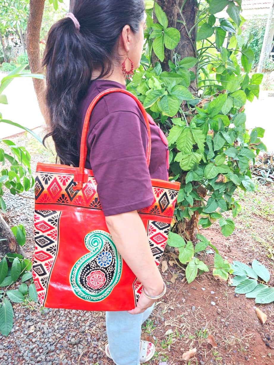 Orange Booti and Ambi Motif Leather Shoulder Bag — Large